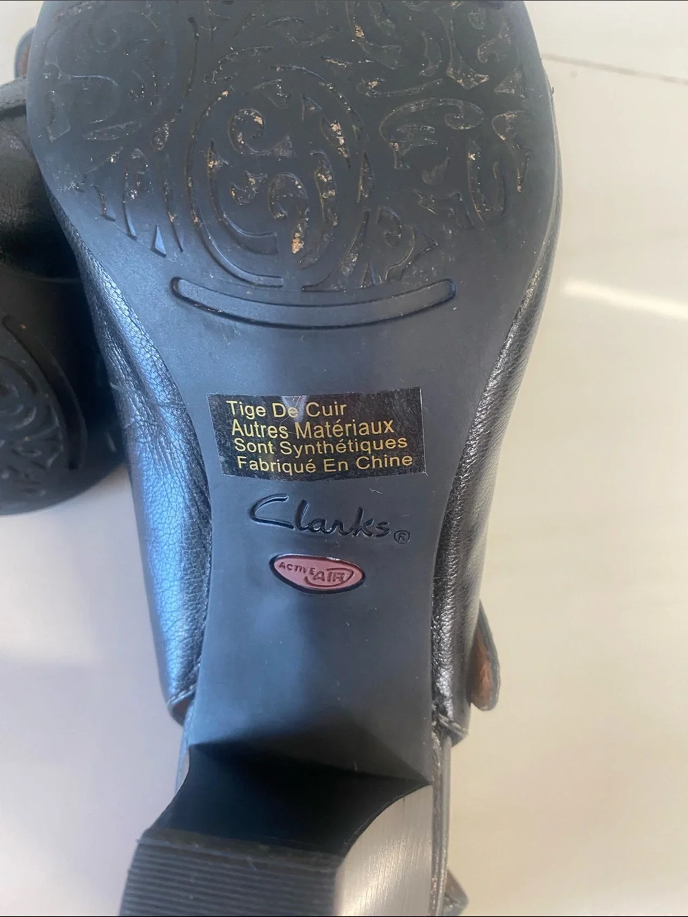 CLARKS  Black Leather Slingback Mary Jane Heels with Button Strap
